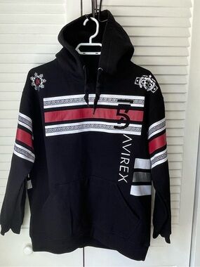 Avirex Black Hoodie with Red & White Stripe Graphics